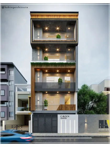 A full view of the residential project in Vikaspuri, West Delhi. The design emphasizes verticality and depth, with recessed balconies and a top floor framed to create a penthouse-like feel.