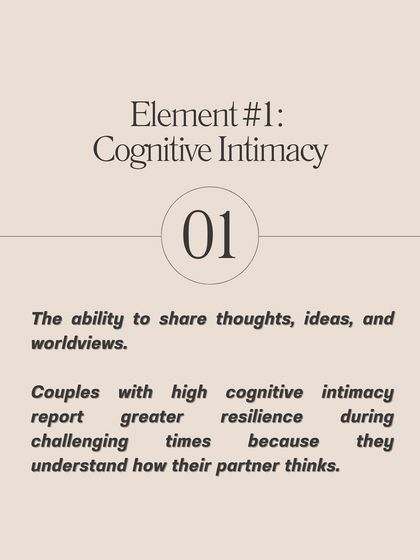 Element #1 of marital friendship is Cognitive Intimacy. This is the ability to share thoughts, ideas, and worldviews, which builds resilience during challenging times.