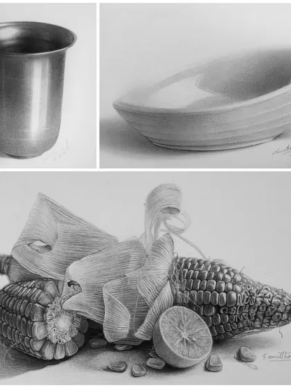A collage of different object studies, including corn, a bowl, and a metal glass, each focusing on a unique texture.