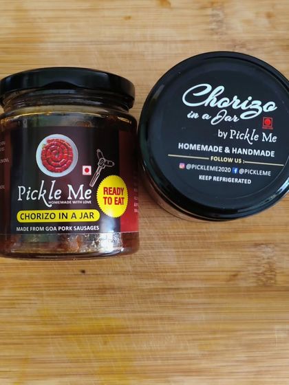 A close-up of our ready-to-eat Chorizo in a Jar. Made from authentic Goa pork sausages, it's a taste of vacation in every bite.