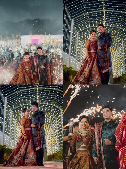 A collage showcasing the grand entry of the couple, walking through a tunnel of lights and surrounded by celebratory fireworks.