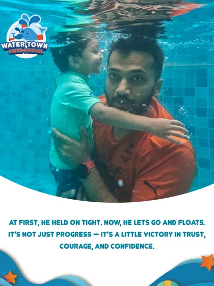 This moment between a father and son captures the trust that is built in our pool. We guide children from holding on tight to letting go and floating with confidence, a victory for both parent and child.