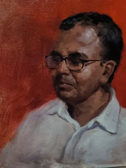 A detailed oil portrait study. Capturing the subtle expression and the way light reflects off glasses is a challenge I enjoy in portraiture.