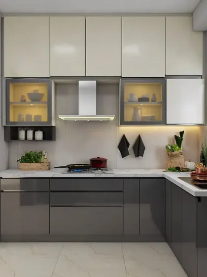 This L-shaped kitchen features a two-tone design with dark grey base cabinets and off-white upper cabinets. Glass-fronted units with internal lighting provide a stylish display for crockery.