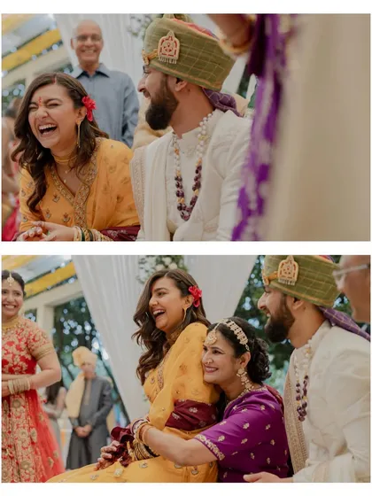 Laughter and love are the main themes of this wedding collage, showing the couple sharing jokes and being embraced by their happy family members.