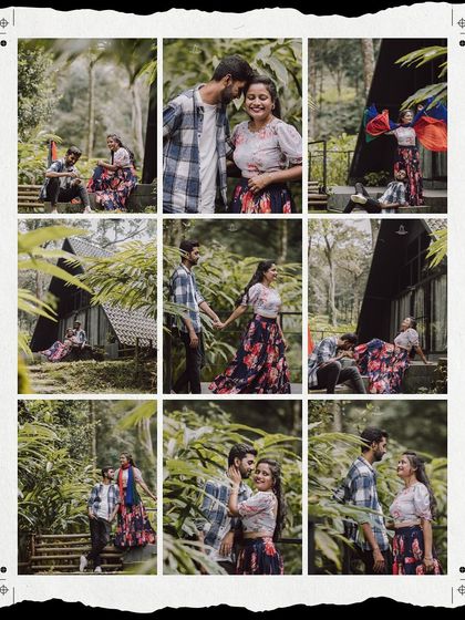 A grid collage showcasing multiple romantic and joyful moments from a couple's pre-wedding shoot in a forest.