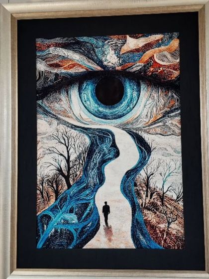 A surrealist piece from 'Carpeted Journey Within', showing a path leading from a giant eye.