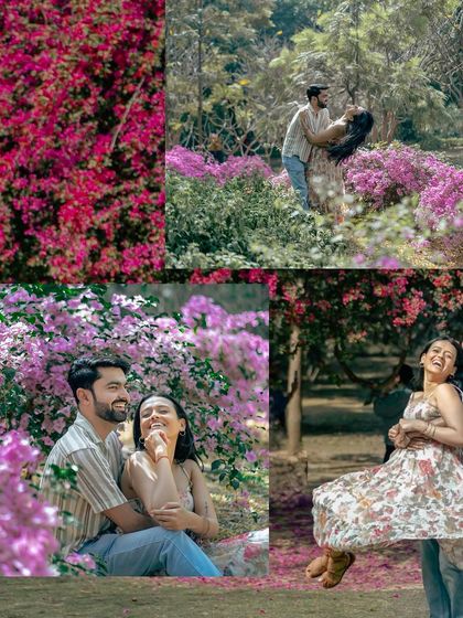 A collage celebrating love in full bloom, with a couple surrounded by vibrant pink bougainvillea. It’s a perfect theme for a spring engagement shoot.
