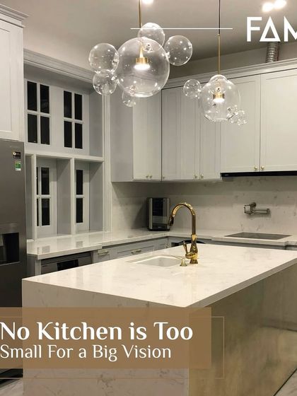 No kitchen is too small for a big vision. This bright and airy kitchen features a compact island, clever lighting, and reflective surfaces to create a sense of spaciousness and luxury.