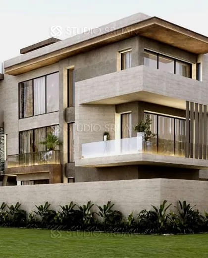 A view of the 631 sq. yard South City villa from the garden side. This perspective shows the building's expansive feel and the various outdoor terraces and balconies that connect it to the landscape.