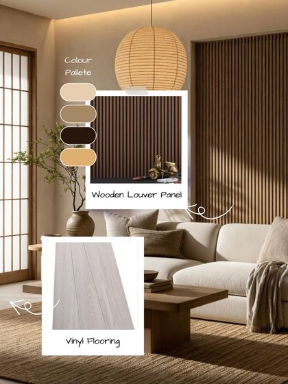 This room uses wooden louver panels and vinyl flooring to create a Japandi look. The clean lines of the panels and the neutral color palette create a space that is both modern and calming.
