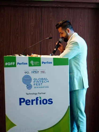 At the podium during the Global Fintech Fest. Hosting here involved introducing global leaders in finance and technology.