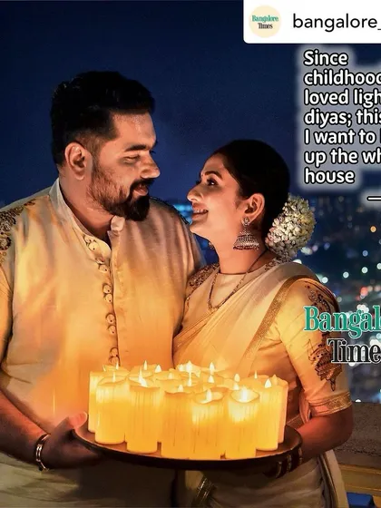 Another lovely shot from the Bangalore Times Diwali feature. Tharun's kurta has delicate embroidery on the shoulder that matches the work on Sonal's blouse.