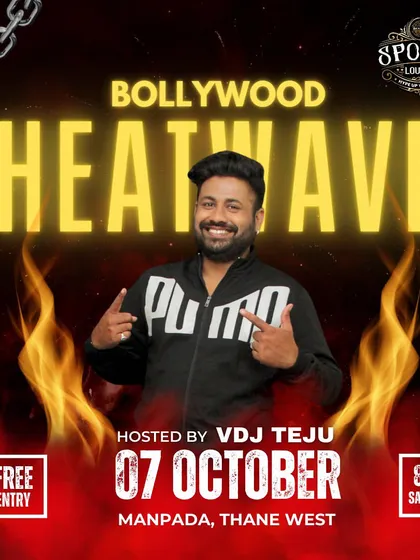 A fiery poster for a "Bollywood Heatwave" event, promising a hot Saturday night at BBC Sports Lounge in Thane.