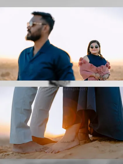 A collection of artistic shots of Ankit and Shaifali in a desert landscape at sunset, focusing on details like their bare feet and the golden light.