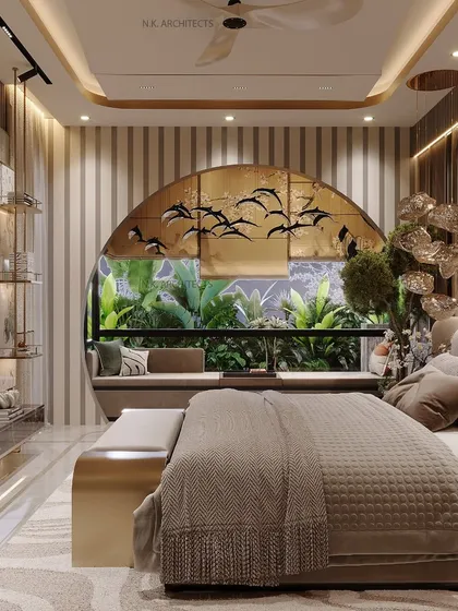 A master bedroom should be a personal sanctuary. For this space, we crafted a warm and elegant retreat using rich veneer, seamless mirror detailing, and a stunning arched window seat, perfectly designed for a young couple who loves modern aesthetics.