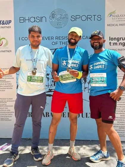 Teammates and friends celebrating their successful 30K finish at the Jarakabande Eco Ultra. This is what our running community is all about.