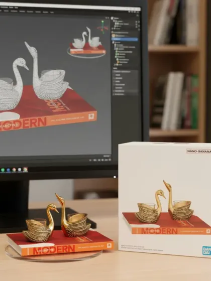 This image shows the journey of my brass swan t-light holders from a digital design to a finished product, ready to grace your home.