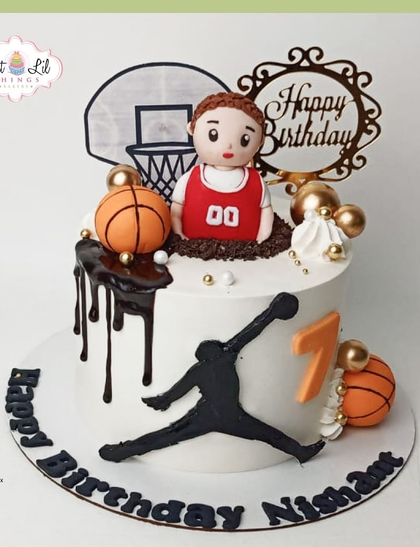 Nothing but net! A Jordan-themed basketball cake for Nishant's 7th birthday, featuring the iconic Jumpman logo and a chocolate drip.