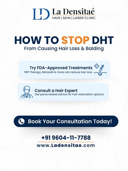 How do you stop DHT from causing hair loss? This graphic outlines the solutions, from FDA-approved treatments like PRP and Minoxidil to consulting a hair expert for personalized restoration options.