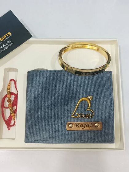 The Rakhi, wallet, and kara combo is a popular choice for Raksha Bandhan.