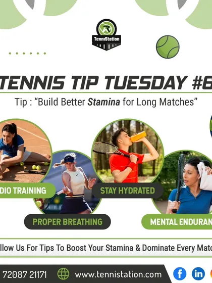 Tennis Tip Tuesday: Build better stamina for long matches with cardio training, proper breathing, hydration, and mental endurance exercises.