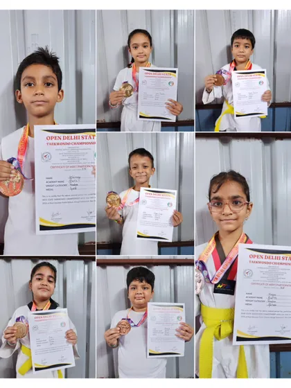 A collage of my gold, silver, and bronze medal winners from the Open Delhi State Taekwondo Championship 2024.