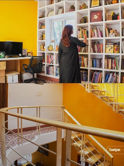 A collage showing the library and the curved landing of the staircase. The design maximizes space in a compact home, creating distinct zones for reading, working, and relaxing.