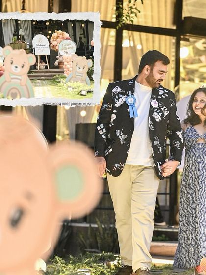 Capturing the happy parents-to-be at their boho-themed teddy bear baby shower. The outdoor setting is decorated with custom bear cutouts and neutral-toned balloons for a relaxed and stylish event.