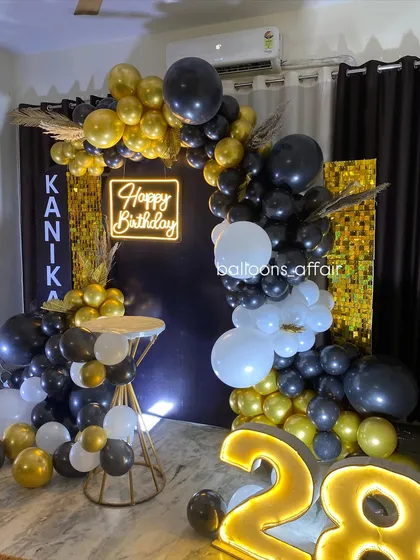 A detailed shot of the balloon arrangement for the 28th birthday party.