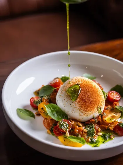 The irresistible Burrata Salad with cherry tomato ragu, spiced pumpkin seeds, and pesto, getting a final drizzle of olive oil.