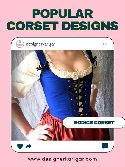 An example of a bodice corset, a popular corset design we can create. This blue corset is worn over a blouse for a historical or costume-inspired look.