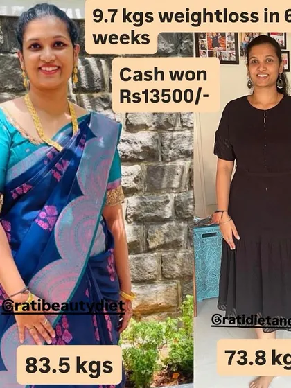 Reshma Pillai's 9.7 kg transformation. She went from 83.5 kg to 73.8 kg and won a cash prize of Rs 13,500.