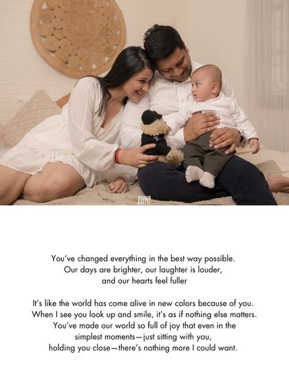 A family of three, filled with love for their new baby. This portrait, set on a cozy bed with a teddy bear, captures the gentle and joyful atmosphere of a home blessed with a new arrival.