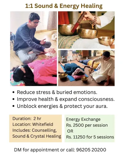 For those seeking a more focused experience, we offer private 1:1 Sound and Energy Healing sessions. This image outlines the benefits, which include stress reduction, emotional release, and aura protection. Each two-hour session is tailored to your specific needs and integrates personal counseling with sound and crystal healing.