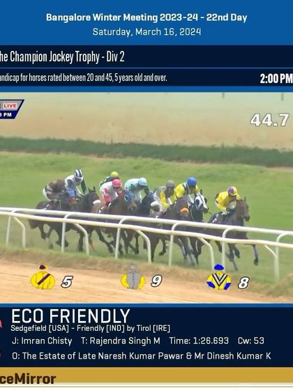 Race 2 results from March 16, 2024: Eco Friendly wins The Champion Jockey Trophy.