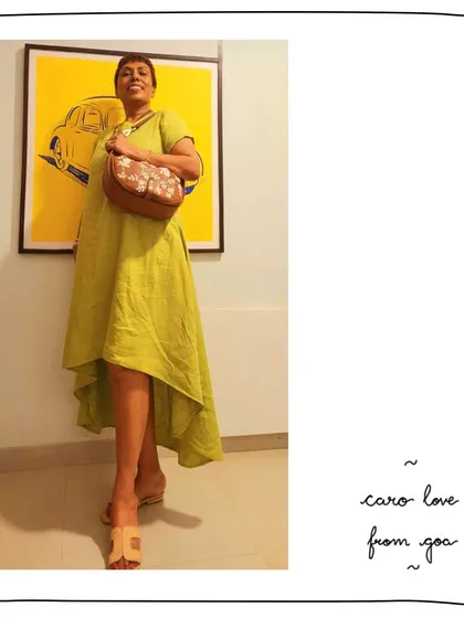 Our patron Sohini looking fabulous in Goa with her Caro bag. The white Lace embroidery on the tan leather perfectly complements her vibrant, breezy outfit.