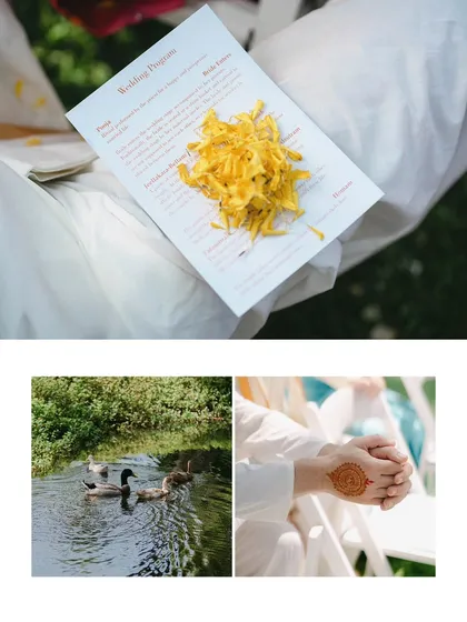 A collage of serene details from a waterside wedding. It includes the wedding program with flower petals, ducks swimming in a pond, and the bride's henna, all telling a story of a peaceful celebration.