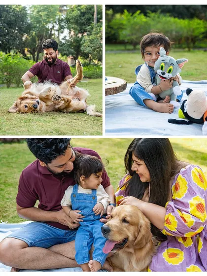 A collage capturing the fun of a family photoshoot. Dad plays with Ollie the Golden Retriever, baby Aariv cuddles his Tom and Jerry toys, and the whole family snuggles together. These are the moments that tell a family's story.