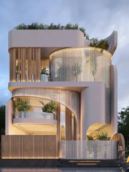 This 360 sq yd residence in South City 1 celebrates both form and function. The facade is a masterpiece of interplay, with volumes, textures, and strategically placed louvers softened by lush greenery that weaves through the design.