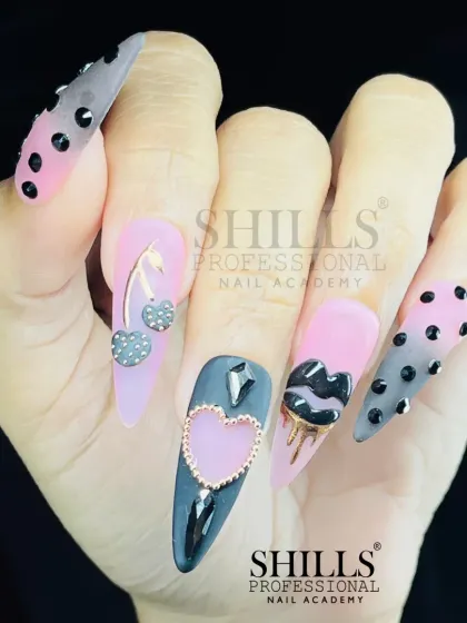 A playful and bold design featuring 3D elements like cherries, hearts, and lips, combined with an ombre background and polka dots.