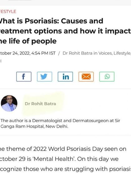 I regularly contribute to leading publications to educate the public on important skin health topics. This is a screenshot of my article on Psoriasis for the Times of India, where I discuss its causes, treatments, and impact on mental health.