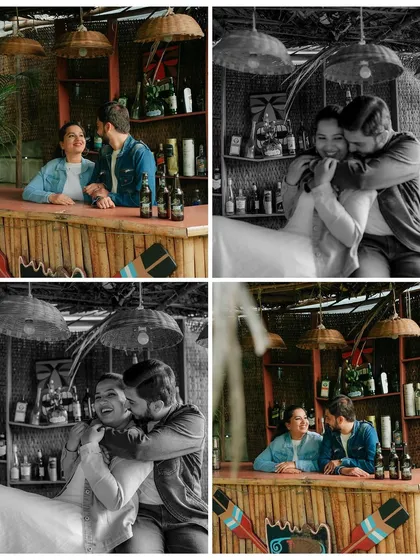 A four-panel collage from a fun, themed part of the shoot at a tiki bar. I deliver a mix of color and black and white edits to provide variety and capture different moods.