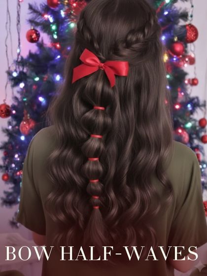 This bow half waves style combines the best of both worlds. A portion of the hair is pulled back into a bubble braid adorned with a bow, while the rest flows in soft waves, creating a romantic holiday look.