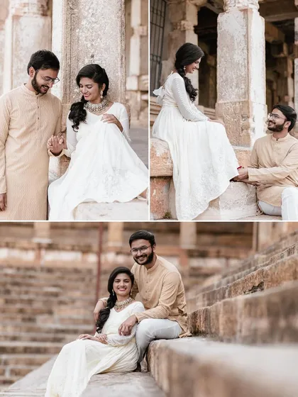 A duplicate of ID 285, this collage shows a couple's romantic pre-wedding shoot at Melkote temple.
