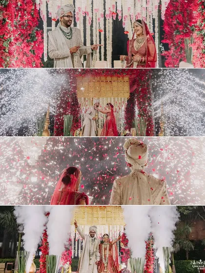 A collage showcasing the entire sequence of Kriti and Keshav's magnificent varmala, from the exchange to the final pose amidst a shower of pyrotechnics.