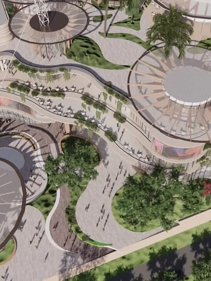 This conceptual render for Inorbit Vizag illustrates our approach to creating pedestrian-centric public spaces. The design features flowing walkways, organic-shaped structures, and extensive green cover, weaving nature and movement into a vibrant commercial hub.
