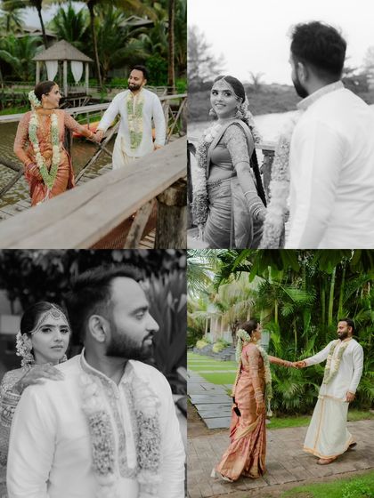 A collage of moments from a South Indian wedding in Goa. It captures the couple's interactions, from holding hands on a bridge to stolen glances, telling a story of tradition and love by the water.