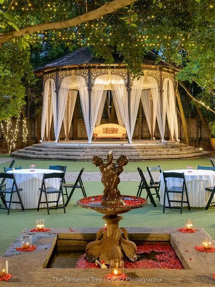 The bandstand set up for an intimate dinner, showing its versatility for both large and small gatherings.