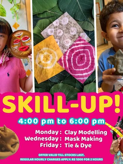 Our Skill-Up workshops in Chennai include fun crafts like mask making and tie-dye. This collage shows the variety of creative projects kids can dive into.